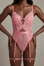 Lace bodysuit with thigh band - AUDACE Pink 