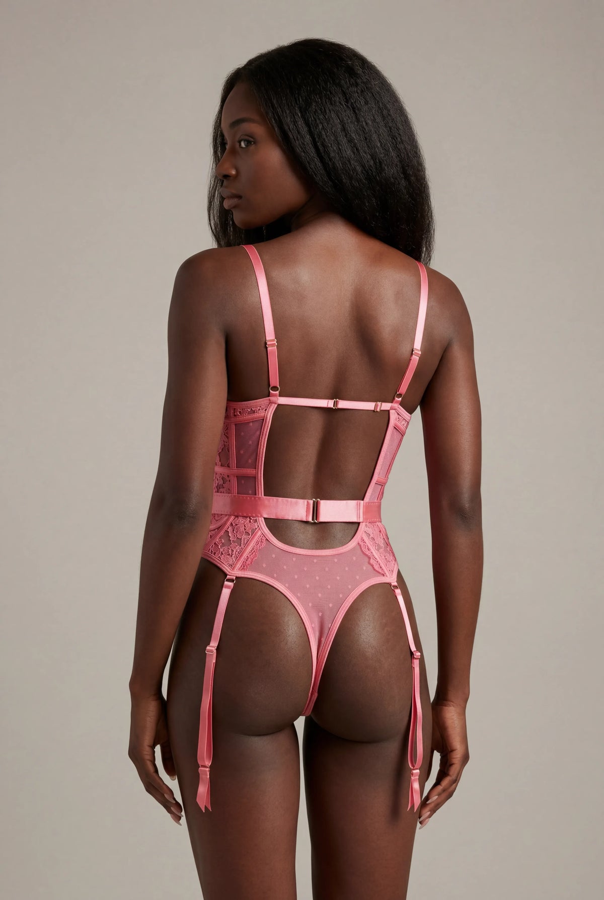 Lace bodysuit with thigh band - AUDACE Pink 