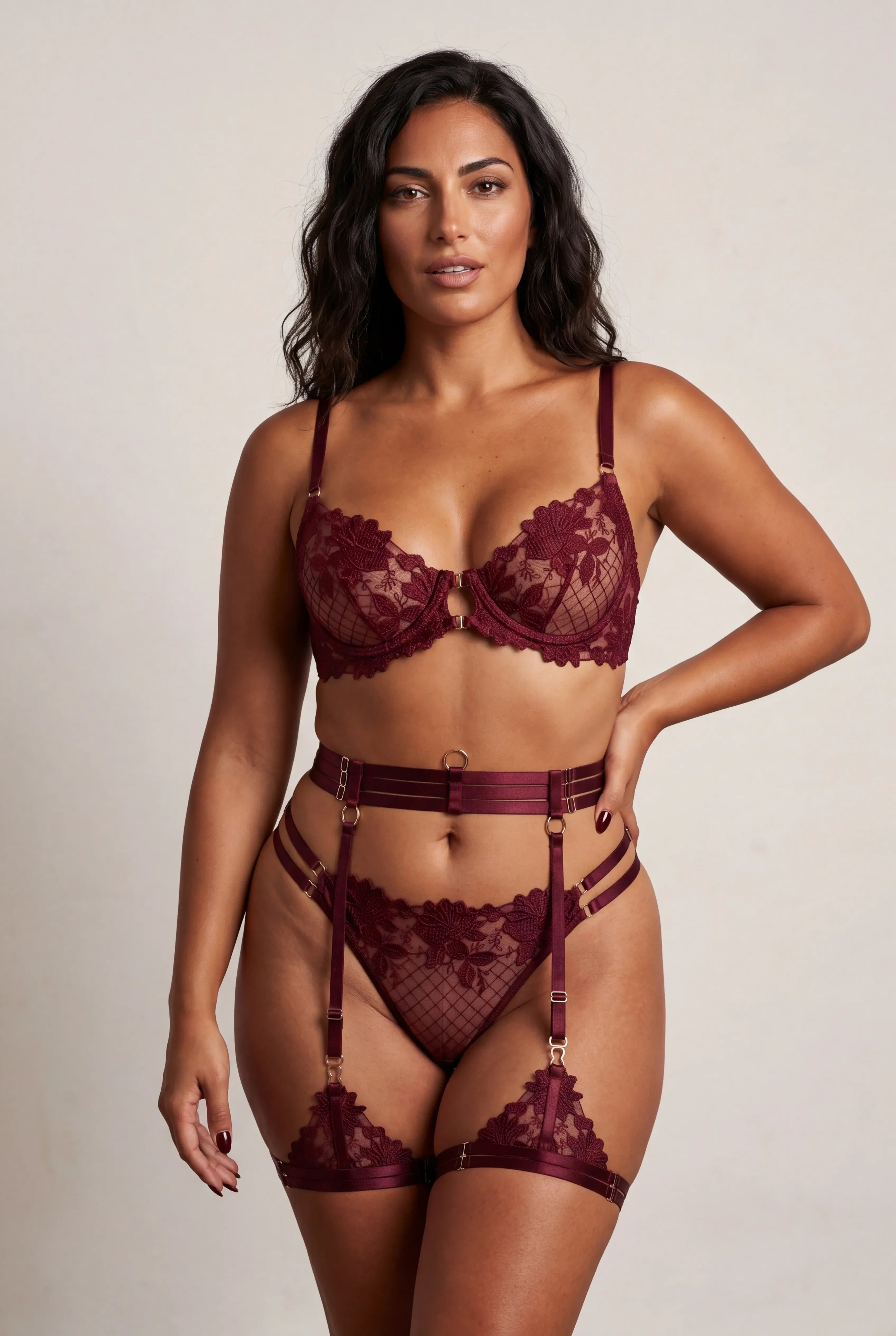 Suspender belt + thigh straps - JOLYE Bordeaux